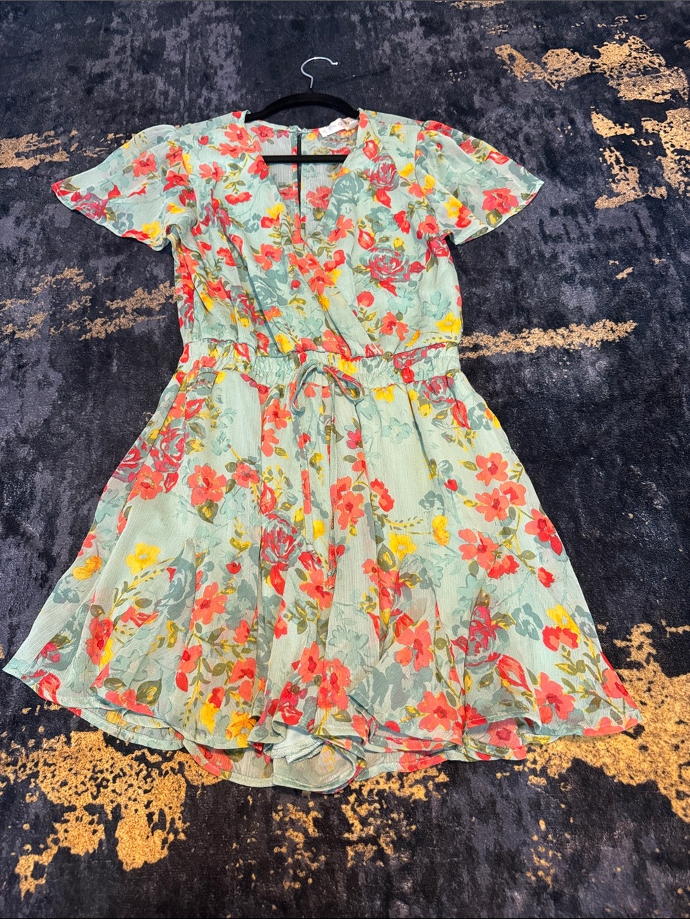 Floral Mint Short Sleeve Wrap Dress with Red & Yellow Blooms